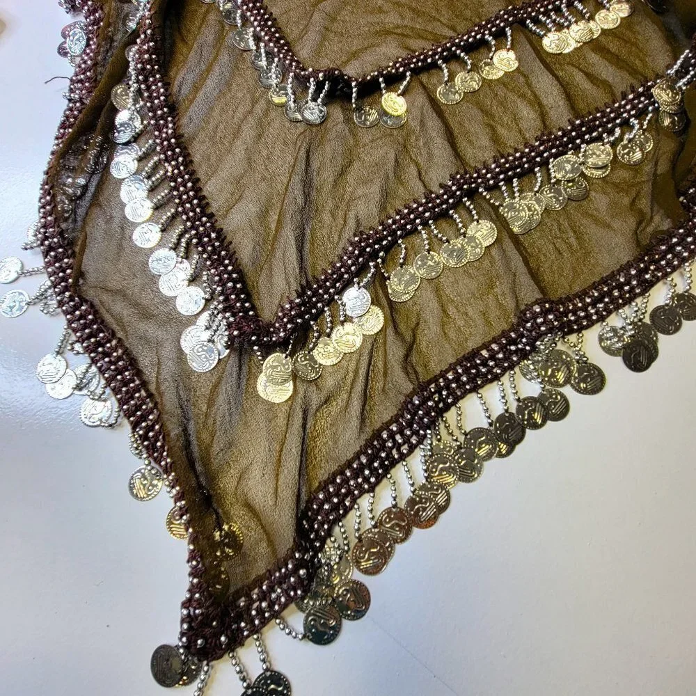Brown Bellydance Hip Scarf 4 Rows of Coin Tassels Long and Wide Wrap Scarf - Picture 3 of 4
